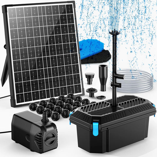 POPOSOAP 20 W vijverfilter op zonne-energie met fonteinpomp, complete vijverfiltratie- en fonteinset voor kleine tuinvijvers, aquaria en waterpartijen