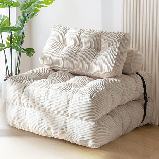 MAXYOYO Opvouwbare slaapbank, converteerbare slaapstoel met kussen, matras met rugsteun, draagbaar stoelbed, comfortabele vloerbank-lounge voor woonkamer, slaapkamer, beige