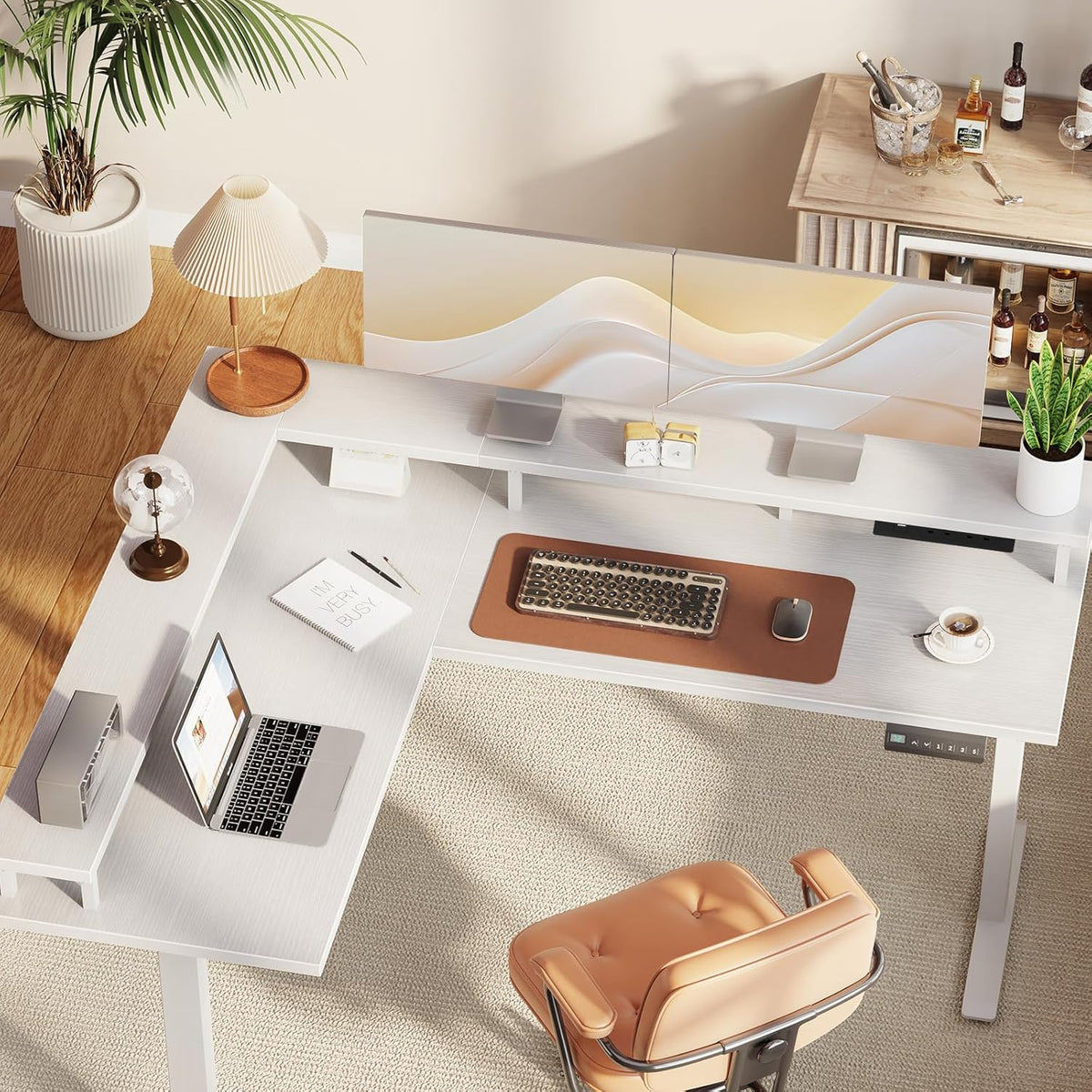 OffiGo Corner Desk Height Adjustable, 150x120cm Electric Standing Desk with Power Outlet, Standing Desk L Shape with Monitor Stand, White - QUORE