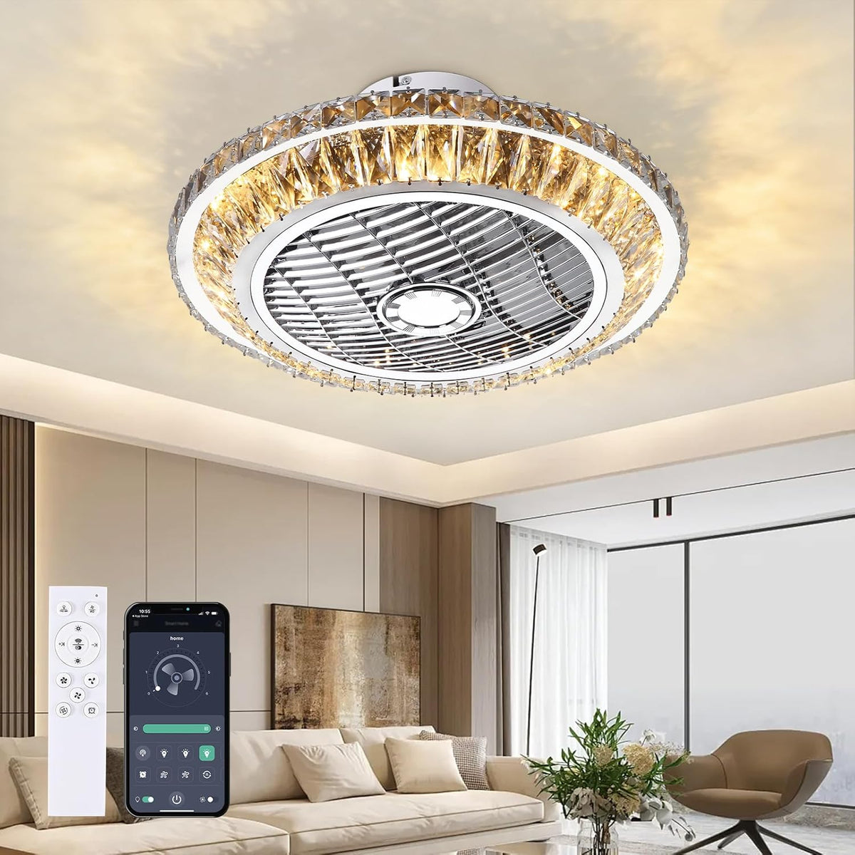 LED-plafondventilator met verlichting, stille kristallen ventilatorkroonluchter met afstandsbediening, dimbare timingventilator, plafondlamp, 72 W moderne ventilator, plafondlamp voor kinderkamer