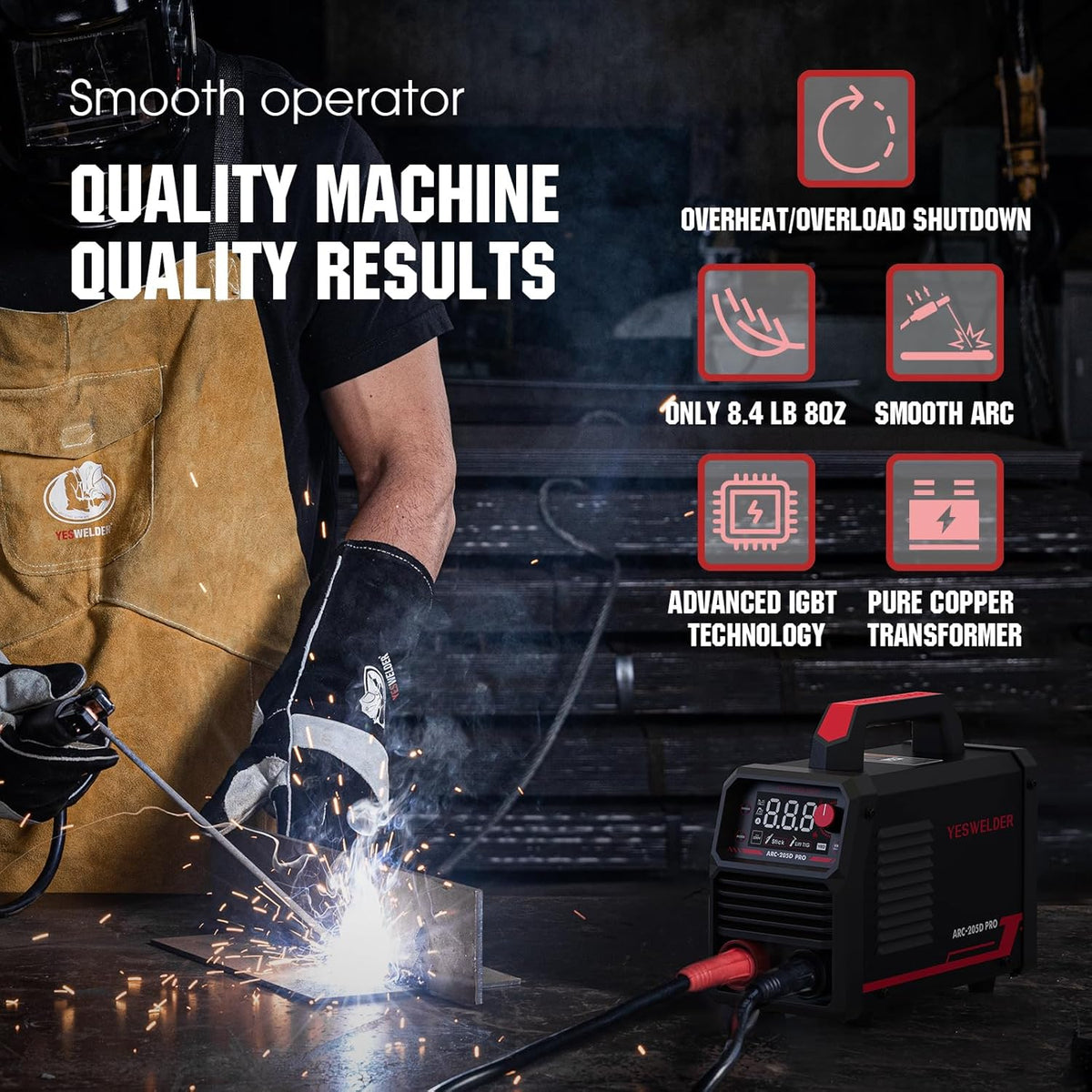 YESWELDER 205Amp ARC Lasser 230V MMA/Lift TIG draagbare Stick Lasser, Grote LED Display Digitale Inverter IGBT Lasmachine met Hot Start Arc kracht, Anti-Stick