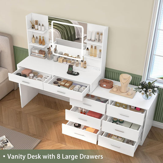 TEENFON Makeup Table with LED Light Mirror & Power Outlet, 8 Drawers, 6 Shelves, 3 Colors with Adjustable Brightness Cosmetic Table, Corner Vanity, L Shape to Change, White - QUORE