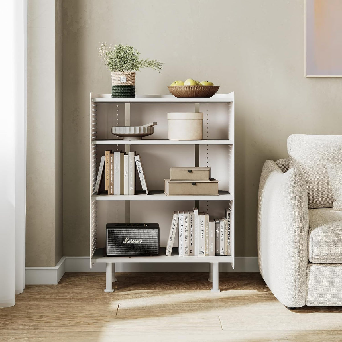 Fenge Boekenplank 4 lagen moderne displayrek plank met Pegboard, kleine boekenkast met verstelbare planken voor woonkamer, slaapkamer, thuiskantoor, 61,6 × 31,2 × 85,3 cm, Wit