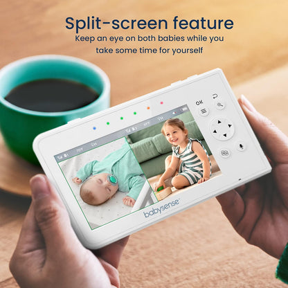 Babysense Video Babyfoon, 4,3" Split Screen Babyfoon met 2 camera's, Verstelbare nachtlamp, Tweerichtingsaudio, PTZ-functie, Groot bereik, Nachtzicht, Slaapliedjes