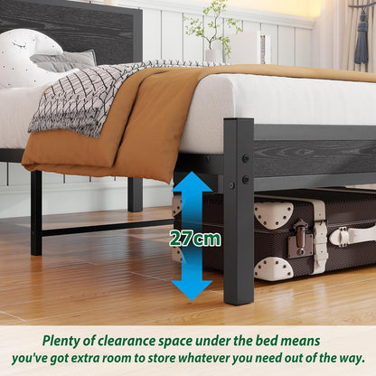 DUMEE Eenpersoonsbedframe met houten opbergplank hoofdeinde, 3FT metalen platform bedframe eenpersoonsbed, geen boxspring nodig, verbeterde ondersteuning, zwart eiken