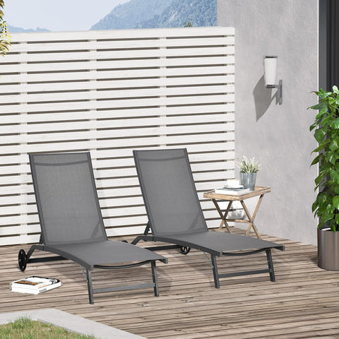 Ligstoel - Tuinligstoel - Set van 2 - Ligbed - met Wielen - Verstelbaar Rugleuning - Weerbestendig - voor Tuin - Zwembad - Strand - Aluminium - Textiel - 66 x 165 x 102 cm - Donkergrijs