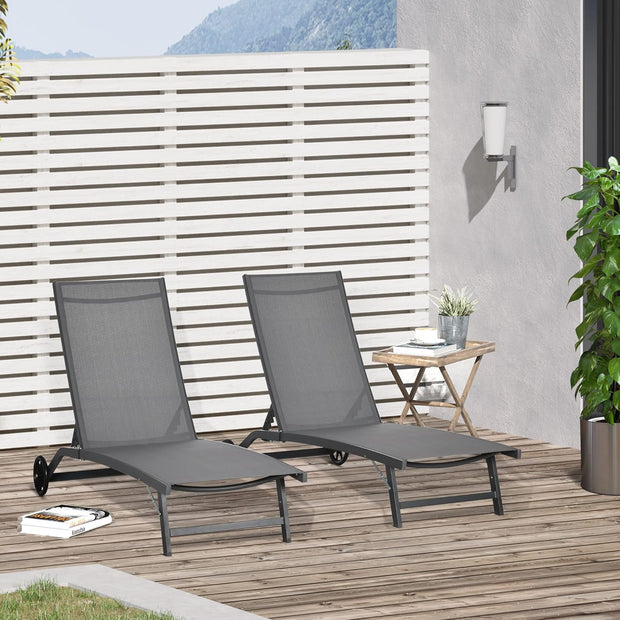 Ligstoel - Tuinligstoel - Set van 2 - Ligbed - met Wielen - Verstelbaar Rugleuning - Weerbestendig - voor Tuin - Zwembad - Strand - Aluminium - Textiel - 66 x 165 x 102 cm - Donkergrijs