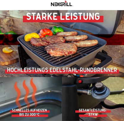 Nexgrill Gas Barbecue, Small and Portable, Up to 300 Degrees, Gas Table Barbecue for Balcony and Camping, Small Grill with Lid, Cast Iron Grate, 3.1 kW Stainless Steel Burner, Piezo Ignition - QUORE