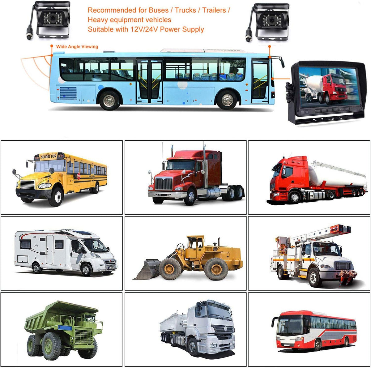12 V-24 V 4-pins auto-achteruitrijcamerasysteem voor campers Bus Aanhangwagen Vrachtwagen Vrachtwagen Caravan, 7 "TFT LCD HD-kleurenautomonitor met 2 18-leds Nachtzicht Waterdichte achteruitrijcamera