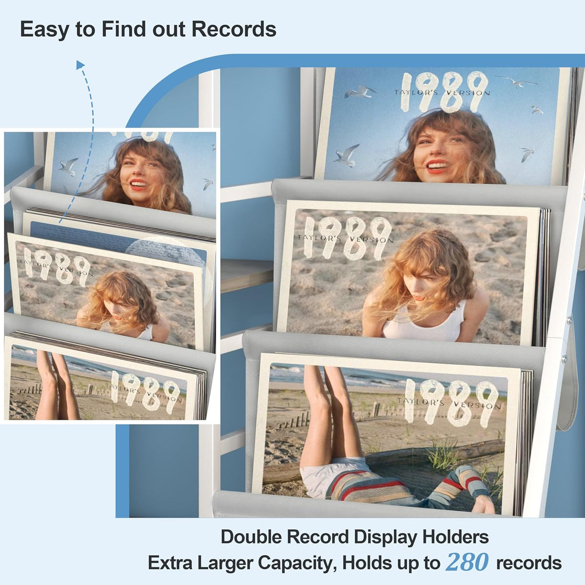 Bikoney Platenkast met Opbergruimte voor Platenspeler – Tafelkast voor Draaitafel met Display, Geschikt voor 300 LP's, Media Console met CD Rek voor Vinyl, Stereo & Draaitafel (Wit)