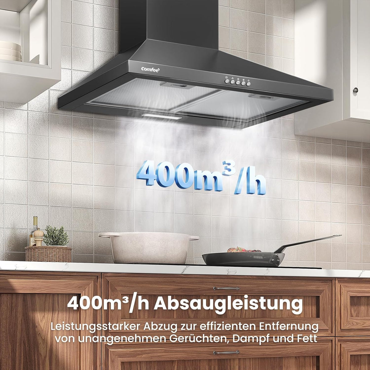COMFEE CH60A17EM400B Afzuigkap, 60 cm convectie en afvoerlucht, wandkap met actieve koolfilter, 400 m³/u luchtstroom, 5 lagen, wasbaar vetfilter, instelbare open haard, zwart