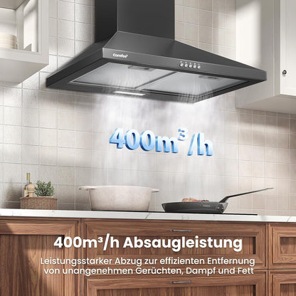 COMFEE CH60A17EM400B Afzuigkap, 60 cm convectie en afvoerlucht, wandkap met actieve koolfilter, 400 m³/u luchtstroom, 5 lagen, wasbaar vetfilter, instelbare open haard, zwart