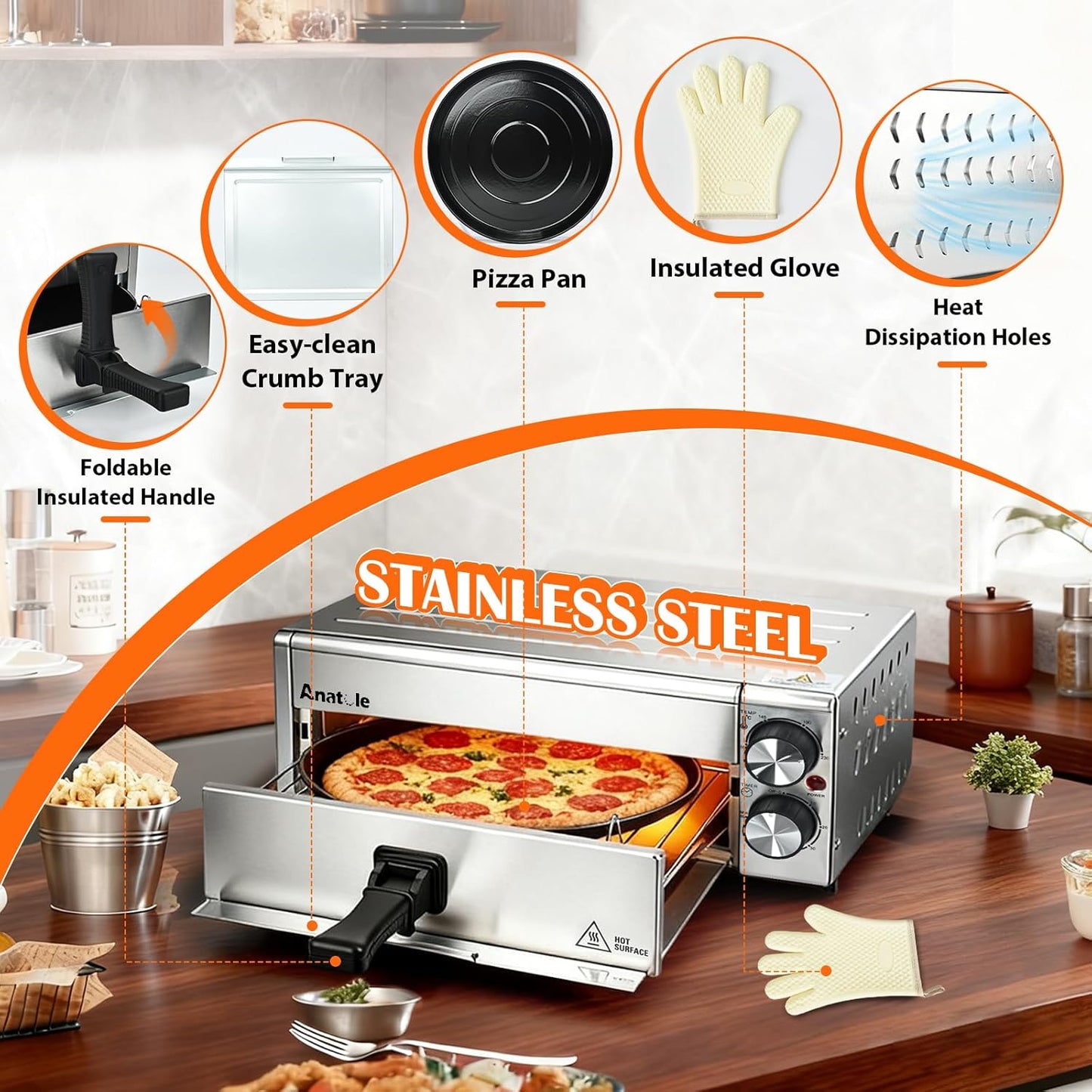 Anatole Elektrische Pizzaoven & Heteluchtfriteuse, RVS, 30.5 cm, 1800 W, Tijd- en Temperatuur Instelbaar, Met Circulatielucht, Inclusief Afneembaar Grillrek, Kruimellade en Ovenhandschoenen