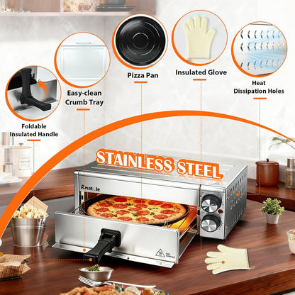 Anatole Elektrische Pizzaoven & Heteluchtfriteuse, RVS, 30.5 cm, 1800 W, Tijd- en Temperatuur Instelbaar, Met Circulatielucht, Inclusief Afneembaar Grillrek, Kruimellade en Ovenhandschoenen