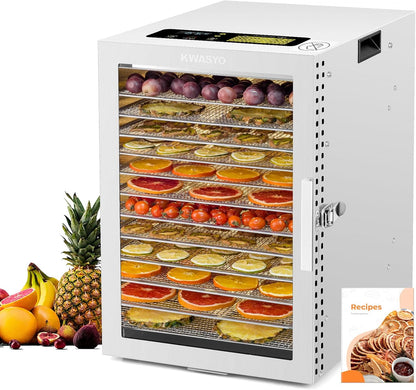 Kwasyo Voedseldroger van roestvrij staal, dubbele ventilator voor efficiënt drogen bij 360 graden, 12 vakken, 24 uur timer, instelbare temperatuur 20-90 °C