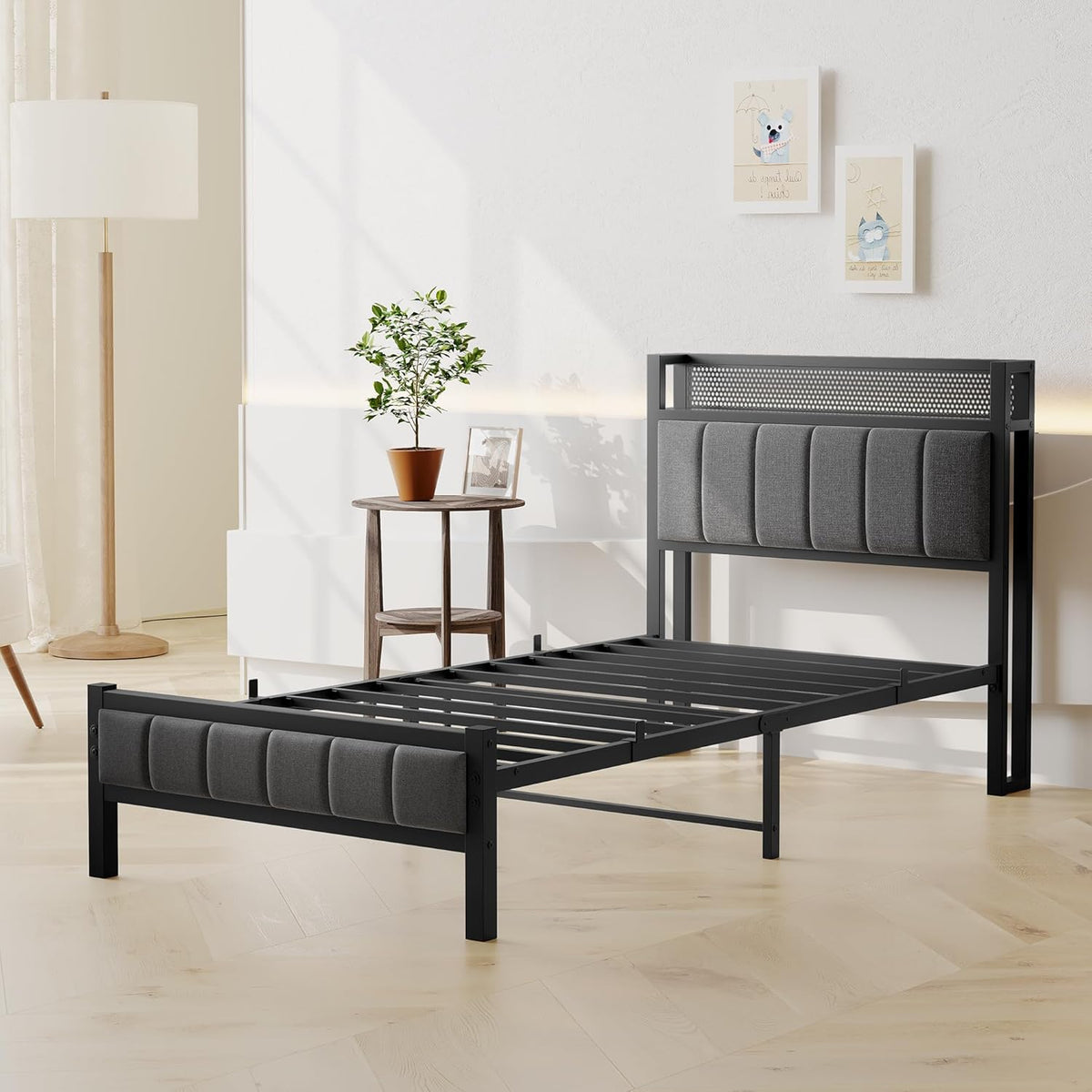 3ft eenpersoonsbedframes met opberghoofdeinde, zwaar metalen bedframe eenpersoons, geen boxspring nodig, solide bedsteadbasis/sterke stalen latten ondersteuning/grijs