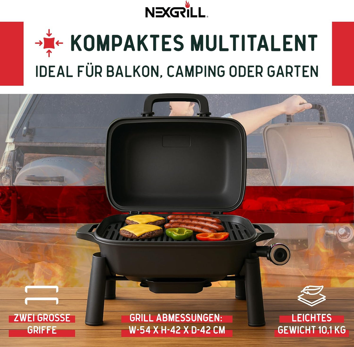 Nexgrill Gas Barbecue, Small and Portable, Up to 300 Degrees, Gas Table Barbecue for Balcony and Camping, Small Grill with Lid, Cast Iron Grate, 3.1 kW Stainless Steel Burner, Piezo Ignition - QUORE