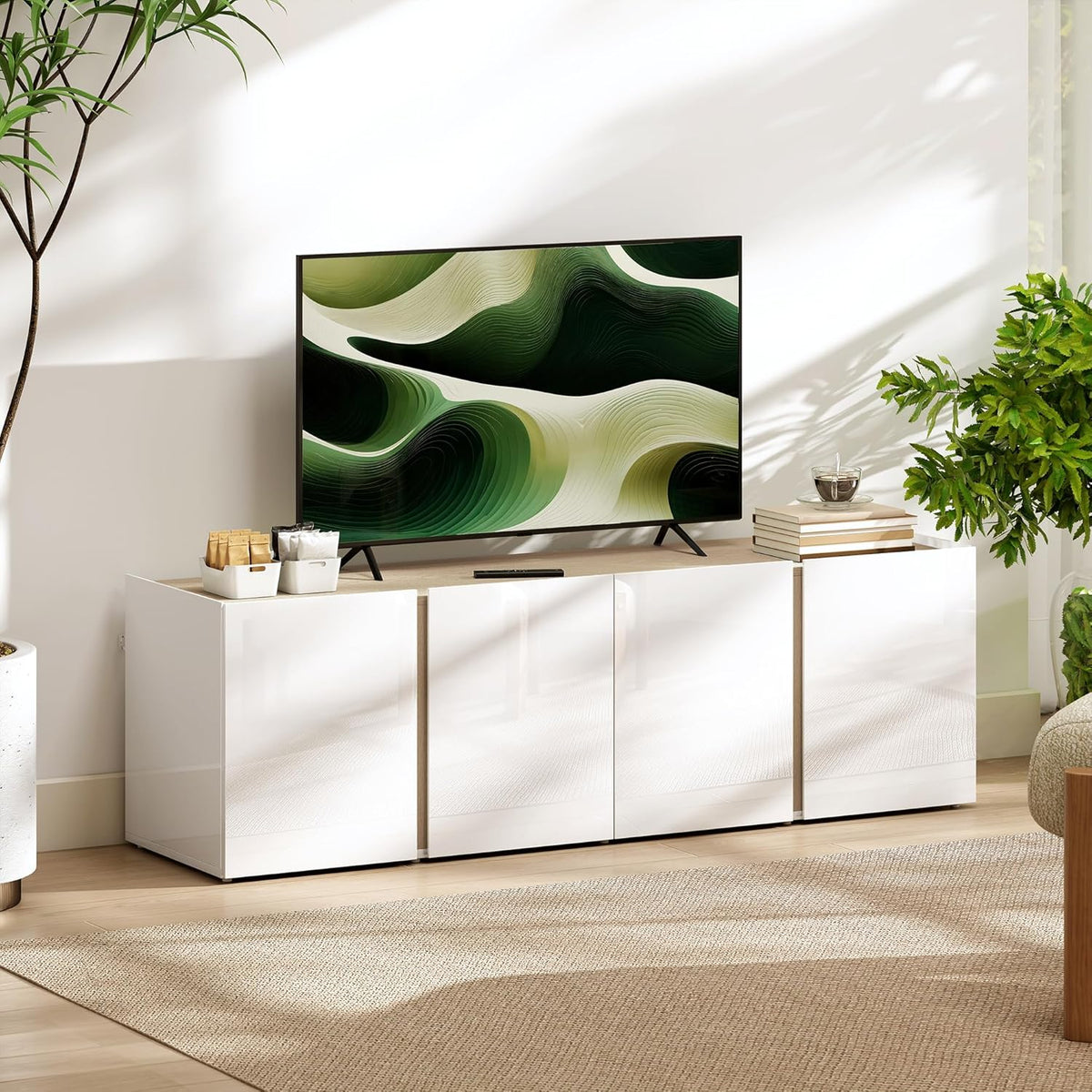 HOMCOM TV Schrank TV Board mit 4 Soft-Close-Türen Hochglanz TV Lowboard für Fernseher bis zu 65 Zoll mit Verstellbaren Ablagen, Kabelmanagement Fernsehtisch für Wohnzimmer Weiß 135x38x45cm
