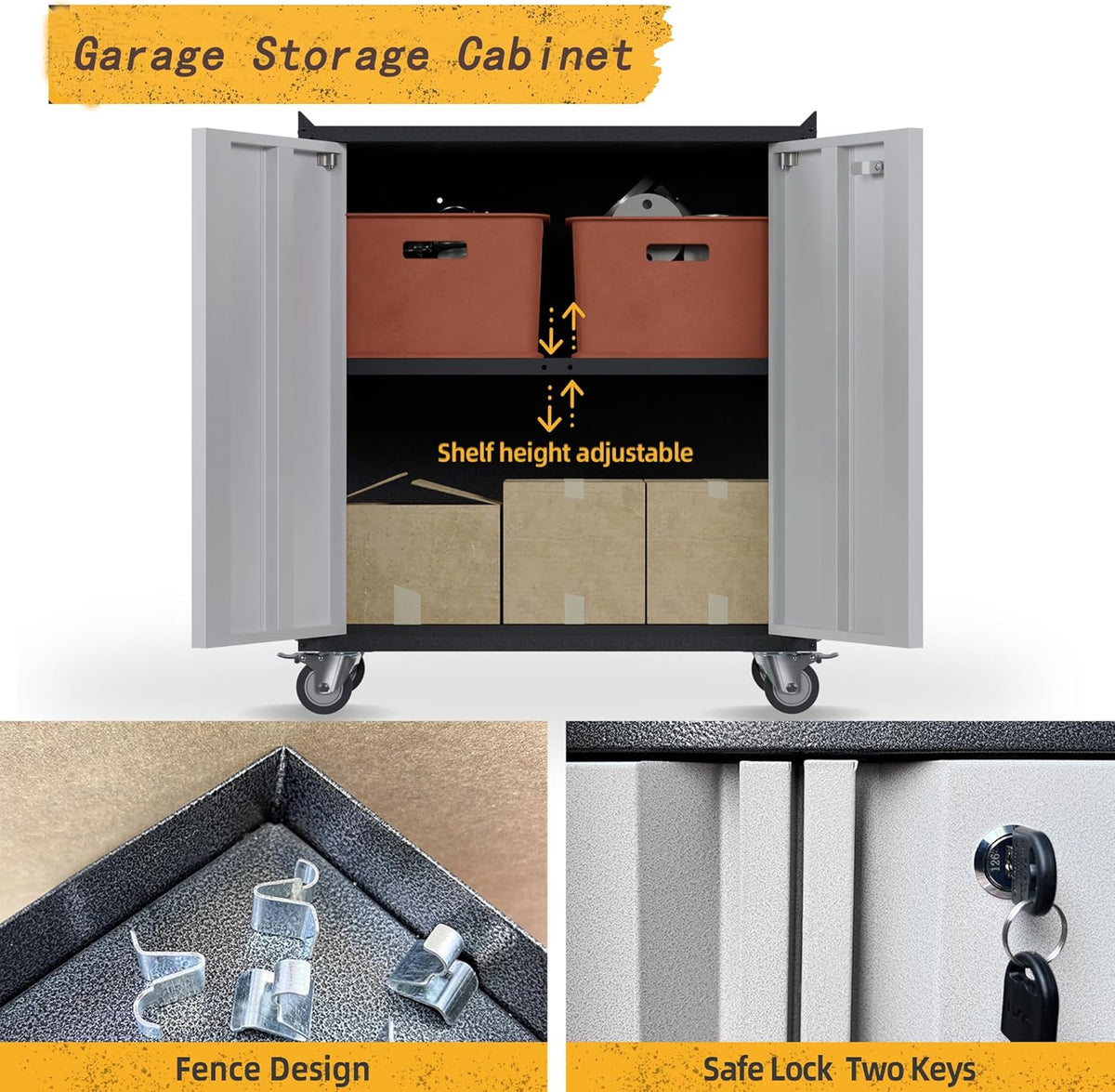 Gereedschapskast met wielen – Garagekast – Opbergkast – Werkplaatswagen – Metalen kast – 2 Deuren – Verstelbare Legplank