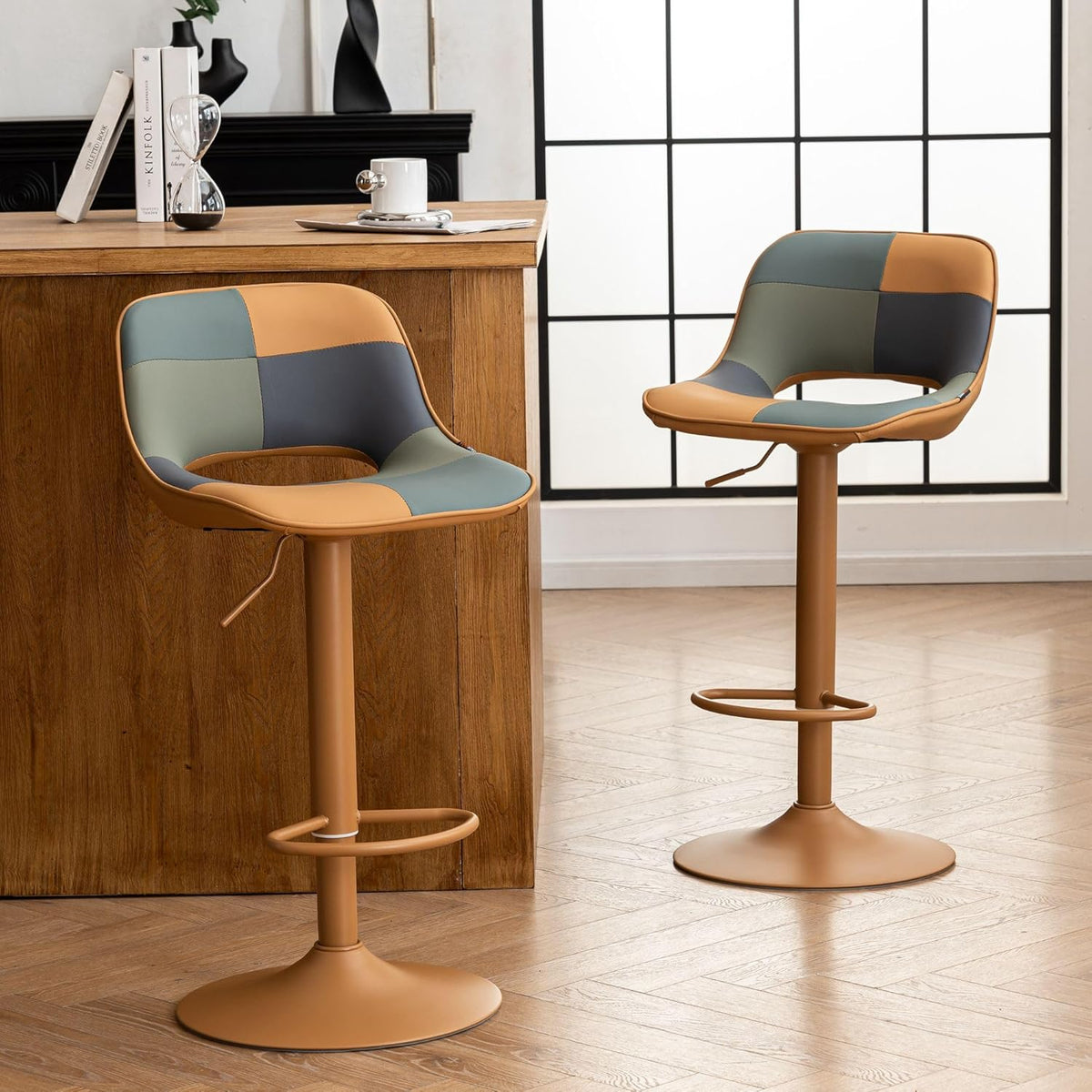 YOUNIKE Barkrukken 2-delige set, Boho Barkrukken in kleurrijke Patchwork-stijl, barstoelen, hoogteverstelbaar, draaibaar, keukenstoelen, Tresenstoel met lege rugleuning voor bartafel, geelgroen