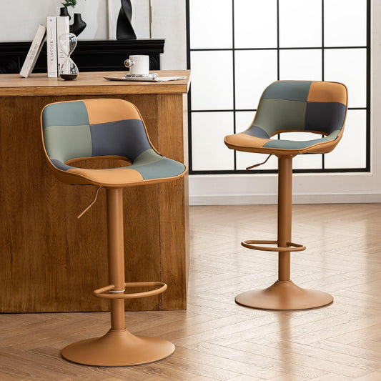 YOUNIKE Barkrukken 2-delige set, Boho Barkrukken in kleurrijke Patchwork-stijl, barstoelen, hoogteverstelbaar, draaibaar, keukenstoelen, Tresenstoel met lege rugleuning voor bartafel, geelgroen
