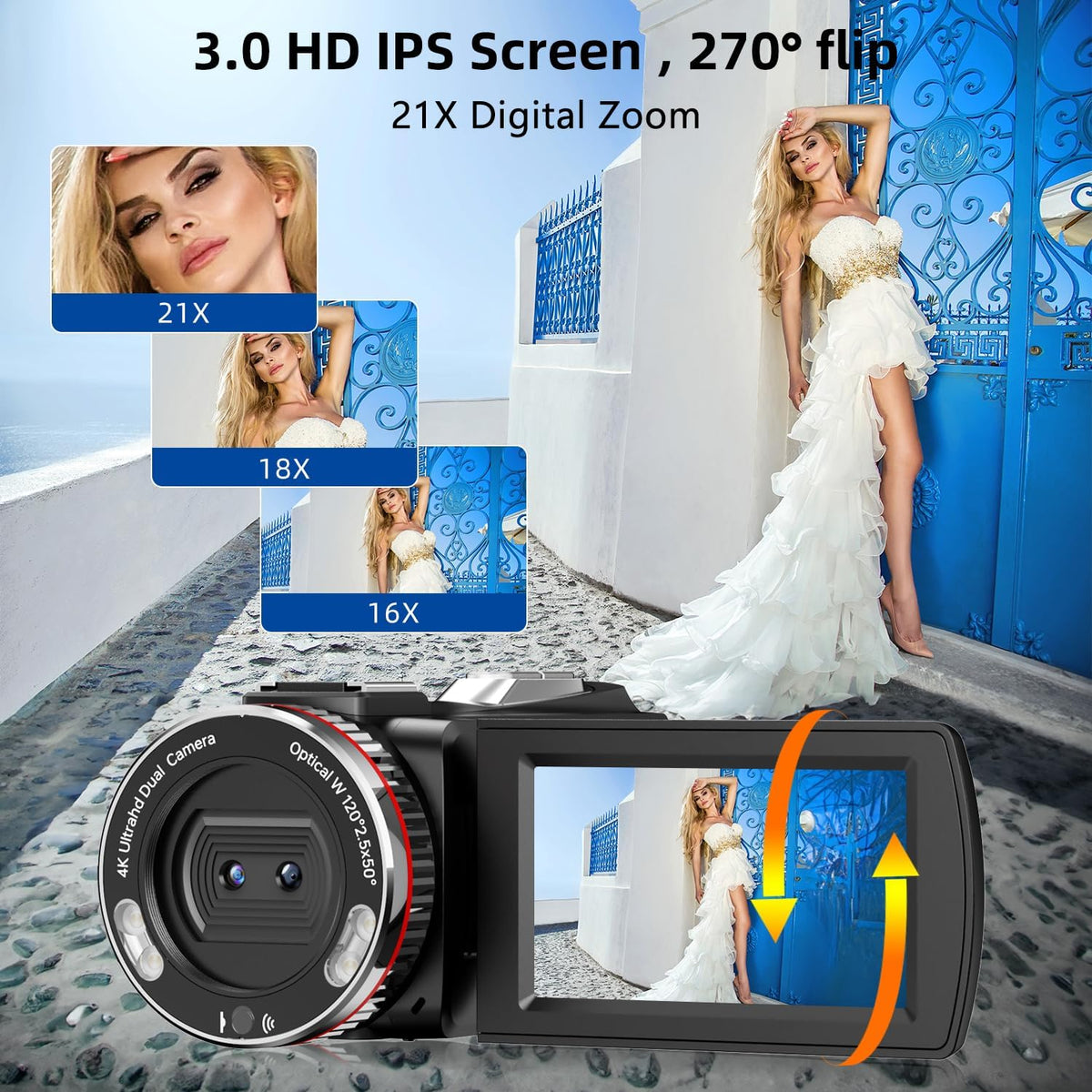 4K Camcorder – Videocamera – Vlogcamera – Videorecorder – YouTube Camera – 64MP 30FPS – 3 Inch 270° Flipscherm – 21X Digitale Zoom
