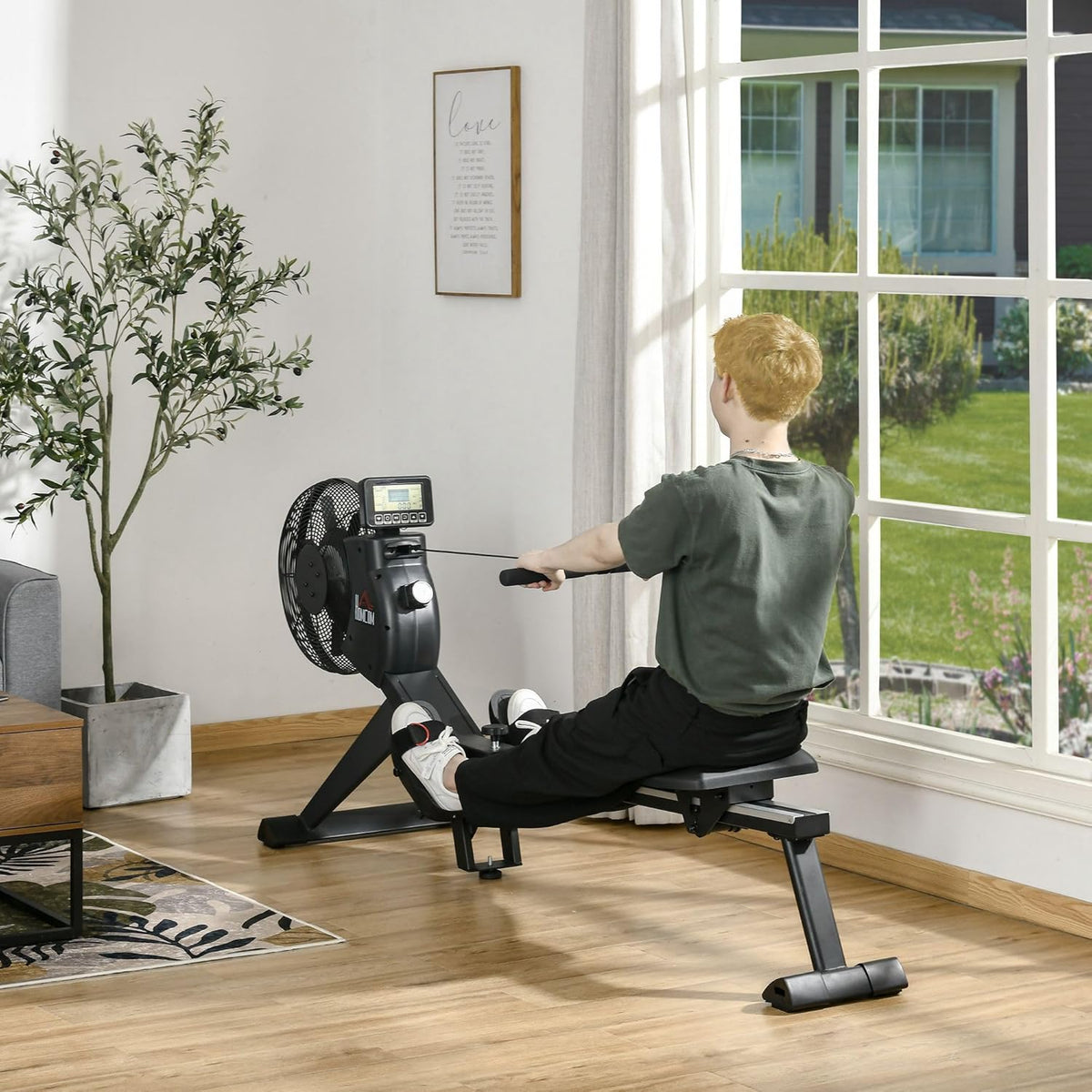 HOMCOM rowing machine, foldable rowing seat, rocking mass 2.5 kg with 16 resistance levels, load capacity up to 130 kg, black steel 225 x 55 x 88 cm - QUORE