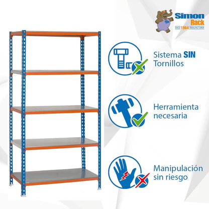 Simon Rack Stellingkast Metaal, 2000x1000x500 mm, Buigpunt 180, 5 Verstelbare Niveaus, Metalen Planken, Robuust Opslagrek voor Garage, Kelder en Werkplaats, Blauw/Oranje/Gegalvaniseerd – SimonClick