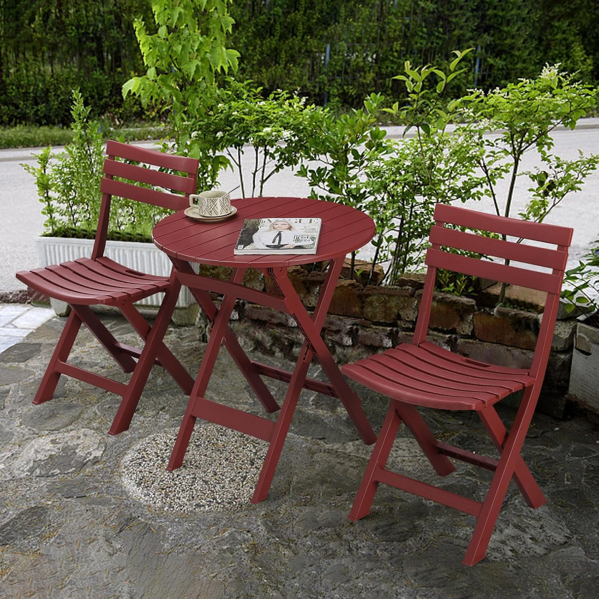 Bistroset 3-delig, rood, balkonset 2 stoelen, 1 tafel, balkonmeubel, inklapbaar, voor binnen en buiten, met rugleuning, inklapbare terrasmeubelset voor balkon, tuin, zwembad