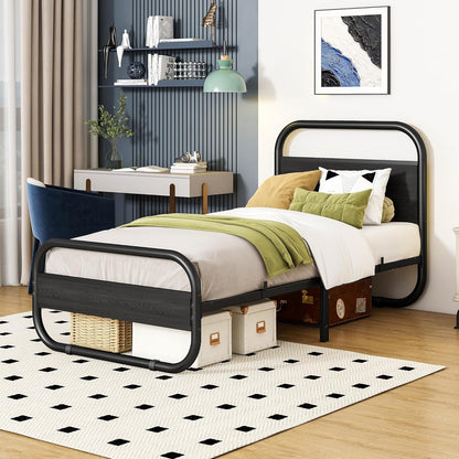 HOMERECOMMEND Bedframe van metaal en hout, met lattenbodem, 90 x 200 cm met hoofdeinde, ovaal platformbed met opbergruimte onder het bed, 90 x 200 cm, zwart