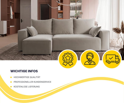 Corner sofa with sleeping function Tobi 246x145 cm - Sofa with bed drawer - corner sofa - L-shape - sofa bed - sofa bed with drawer - universal (Velo 623 Cappuccino) - QUORE