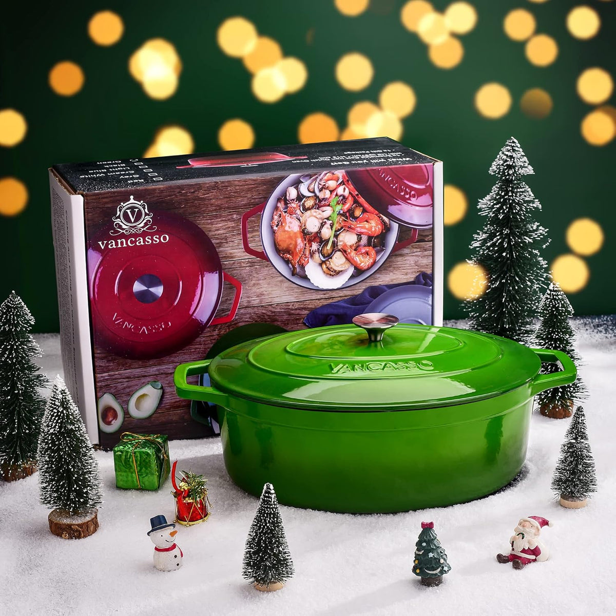 Vancasso Cast Iron Pan, Bread Bins, 8 Litres, Diameter 37 cm, Enamel Pan, Induction, Stewpan, Casserole for Gas Stove, Ceramic Hob, Induction/Oven, Large, Dutch Oven, Green - QUORE