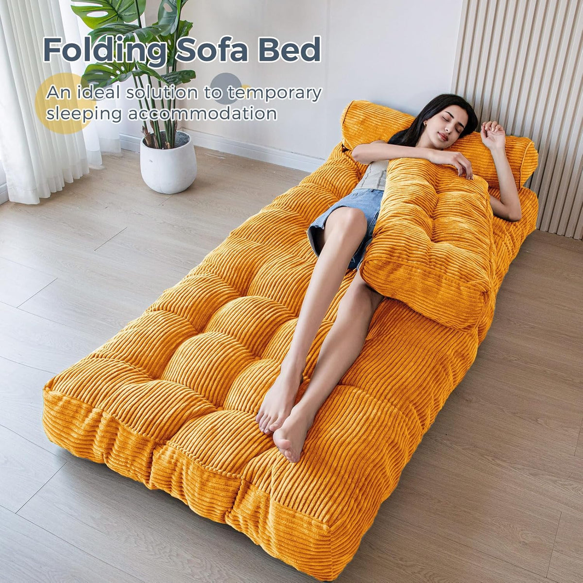 MAXYOYO Opvouwbare slaapbank, converteerbare slaapstoel met kussen, matras met rugsteun, draagbaar stoelbed, comfortabele lounge voor woonkamer, slaapkamer, oranje