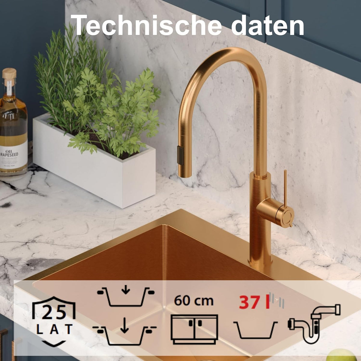 Quadron spoelbak roestvrij stalen spoelbak | afmeting 55 x 48 cm kleur: pvc goud | spoelbak Russel 110 enkele wastafel keukenspoelbak met stalen kamer roestvrij stalen spoelbak | met sifon en