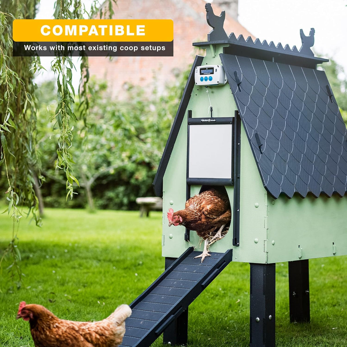 ChickenGuard Automatic Chicken House Door Opener, Power Source: Solar/Batteries/Electric. Timer/Light Sensor; Motor units alone or Combination kits. (PRO + Door + Batteries) - QUORE