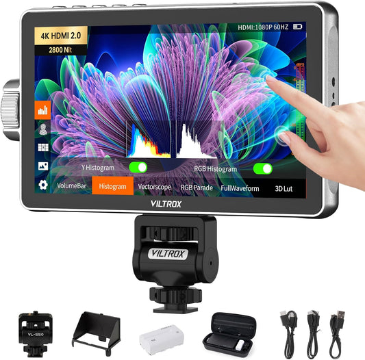 VILTROX DC-A1 2800 Nit Camera Monitor, 7 inch HD 1920x1080 IPS Touchscreen Video Field monitor met 4K HDMI 2.0 in/uit, 3D LUT, Focus Peaking, Video Assist, HDR Full Waveform, Type-C IN, F550 Batterij