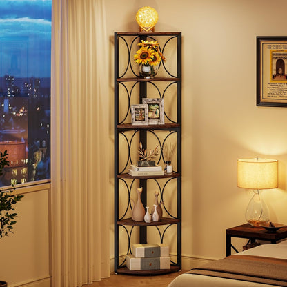 Tribesigns 67" High Angle Shelf, 6 Tier Rustic Corner Bookshelf Bookcase Storage Rack Standing Shelving Unit for Living Room, Small Space