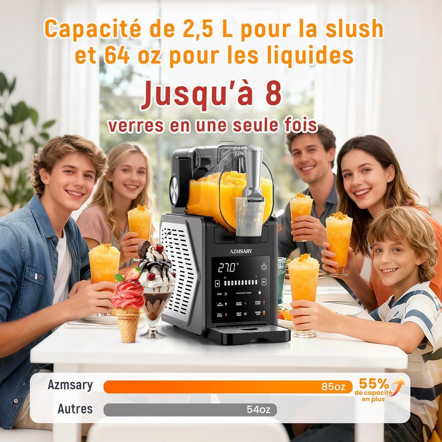 Slush-machine, 2,5 liter ijsmachine en slushie machine voor thuis, met led-display, 6 vooraf ingestelde programma's voor ijs, frappés, milkshakes, automatische reiniging (zwart)