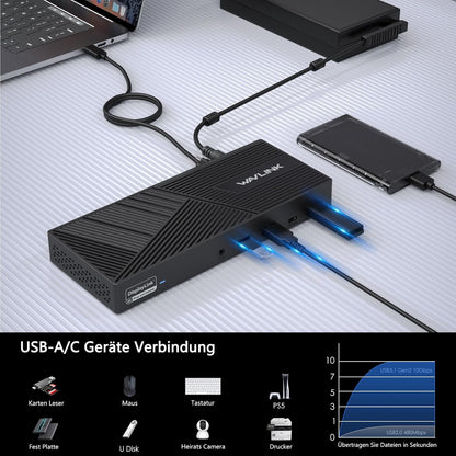 WAVLINK 15-in-1 DisplayLink Docking Station USB-C, Triple 4K monitoren (3X HDMI + 2x DP), 100W PD, 10 Gbit/s, Gigabit LAN, Audio/Mic, voor Windows & Mac (incl. M1/M2)