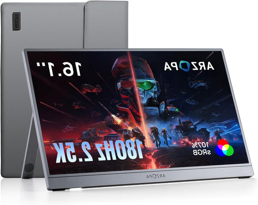 ARZOPA 16.1" Portable Monitor 2.5K QHD 180Hz Gaming - 2560×1440, 107% sRGB, HDR10 - With Built-in Stand & Protective Case - Compatible with PS5, Xbox, Switch, PC and Mac - Space Grey - QUORE