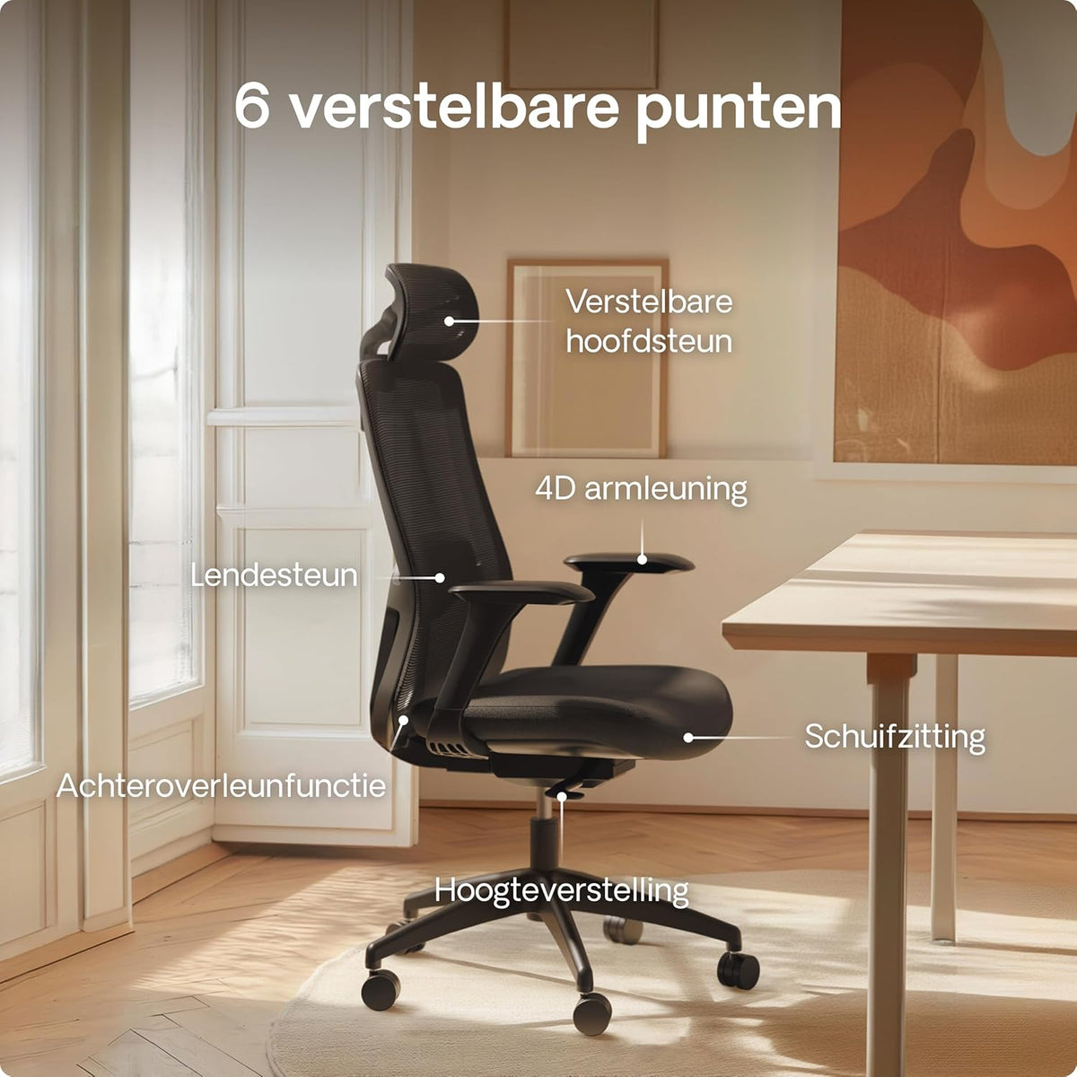 Desktronic SitOne Office Chair Adjustable Ergonomic Office Chair with Headrest, Armrests, Lumbar Support, Height Adjustment - Designed for European Body - Breathable Mesh - Spacious Seat (Black) - QUORE