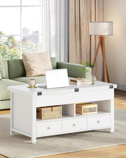 Hzuaneri Coffee Table, 3-in-1 Height Adjustable Folding Top Coffee Table, with 3 Drawers Large Storage Space, 100×50×47cm Extendable (100×63cm) for Living Room/Office, White CT22203W