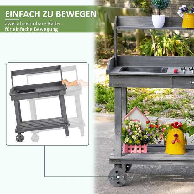 Oppottafel - Tuinwerktafel - Plantentafel -Tuinwerkbankje - met Schuiflade - 2 Niveaus - Bloementafel - voor Tuin - Sparrenhout - 92 x 45 x 119 cm - Grijs