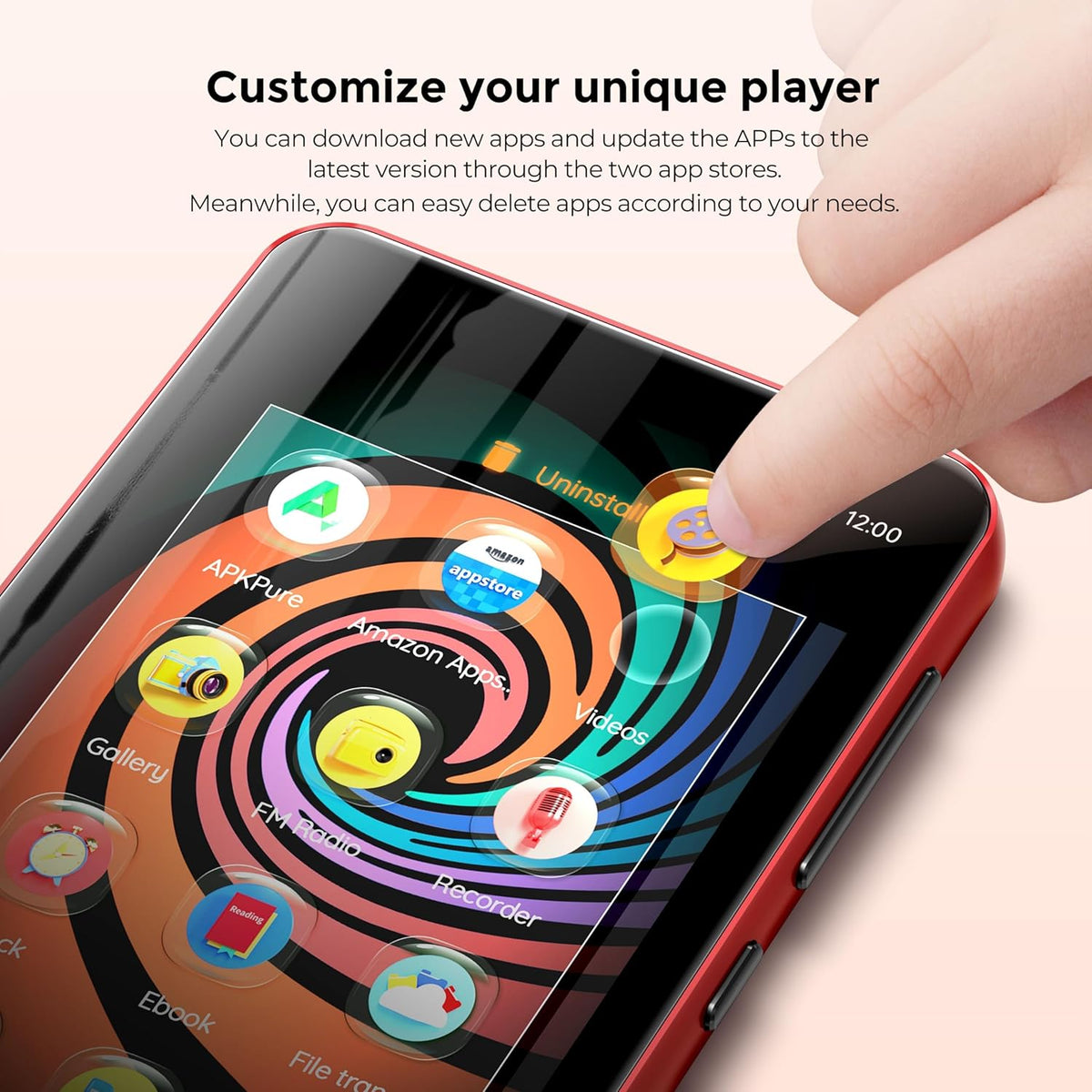 Innioasis 160GB MP3 Player with Bluetooth and WiFi, Android Music Player with Spotify, Amazon Music, Pandora, APP Store, 4 Inch Full Touch Screen MP3 Player with Audible, Libby, Audiobook (Black_Red) - QUORE