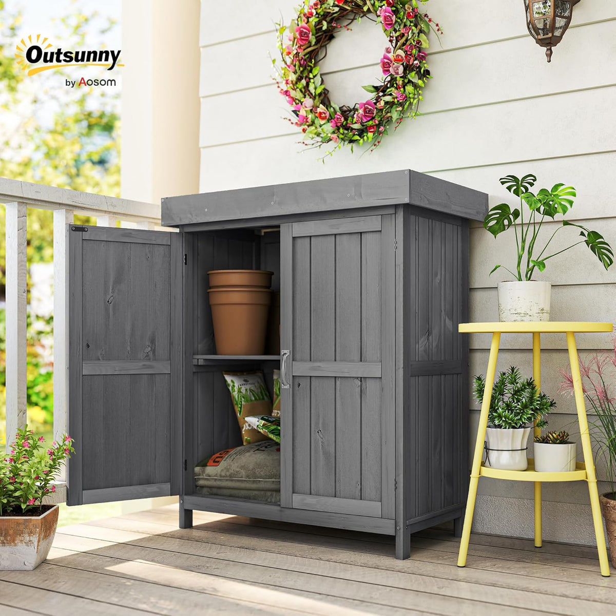 Outsunny Garden Cabinet, Tool Shed with Double Door, Tool Shed with 2 Compartments, Weatherproof Pine Wood, Dark Grey 74 x 43 x 88 cm - QUORE