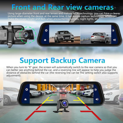 Podofo Mirror Dashcam met draadloze Carplay, Android Auto met HD achteruitrijcamera 9,66 inch IPS touchscreen Dual 1080P achteruitkijkspiegel Dashcam Dash Cam auto, 2 gedeelde schermen, Bluetooth