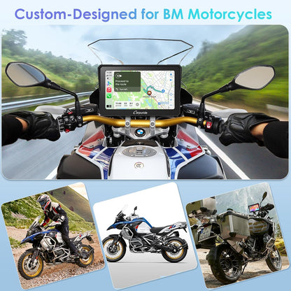 Carpuride W702B motorfiets GPS Carplay scherm met designhouder voor BMW motorfietsen, draadloze CarPlay en Android auto, draagbaar waterdicht 7 inch touchscreen, Bluetooth Trans, navigatie, Siri.