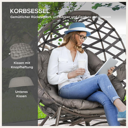 Outsunny 2 Pieces Garden Chair Set Wicker Chair with Folding Seat Basket Including 2-in-1 Stool Cushion Lounge Chair for Balcony Patio Steel Sand 118 x 75 x 142 cm - QUORE