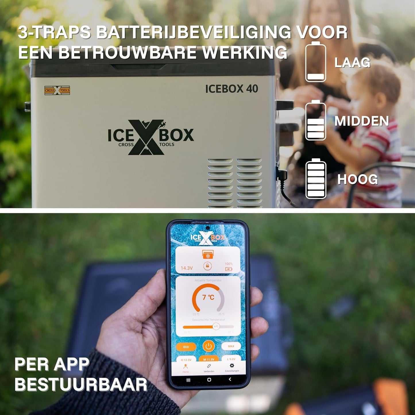 ICEBOX 40 68061 Elektrische koelbox en vriesbox, 40 l, compressor, voor camping, auto, bestelwagen, boten, met app-bediening, koelvermogen tot -20 °C, 230 V/12 V/24 V, 65 x 37,5 x 42,7 cm