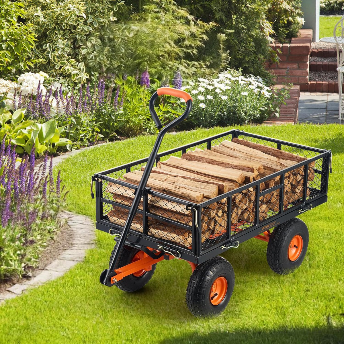 VEVOR Garden trolley made of metal with easy to assemble frame, tilting handcart with reversible 2-in-1 handle, multifunctional wheelbarrow with 180 kg load capacity, 25.5 cm tyres